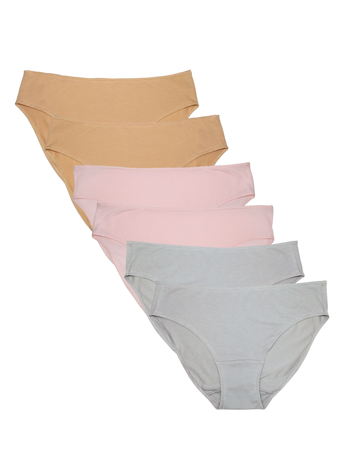 A set of six women's underwear briefs in a staggered fan layout, featuring neutral and pastel shades of tan, light pink, and light gray, on a solid white background.