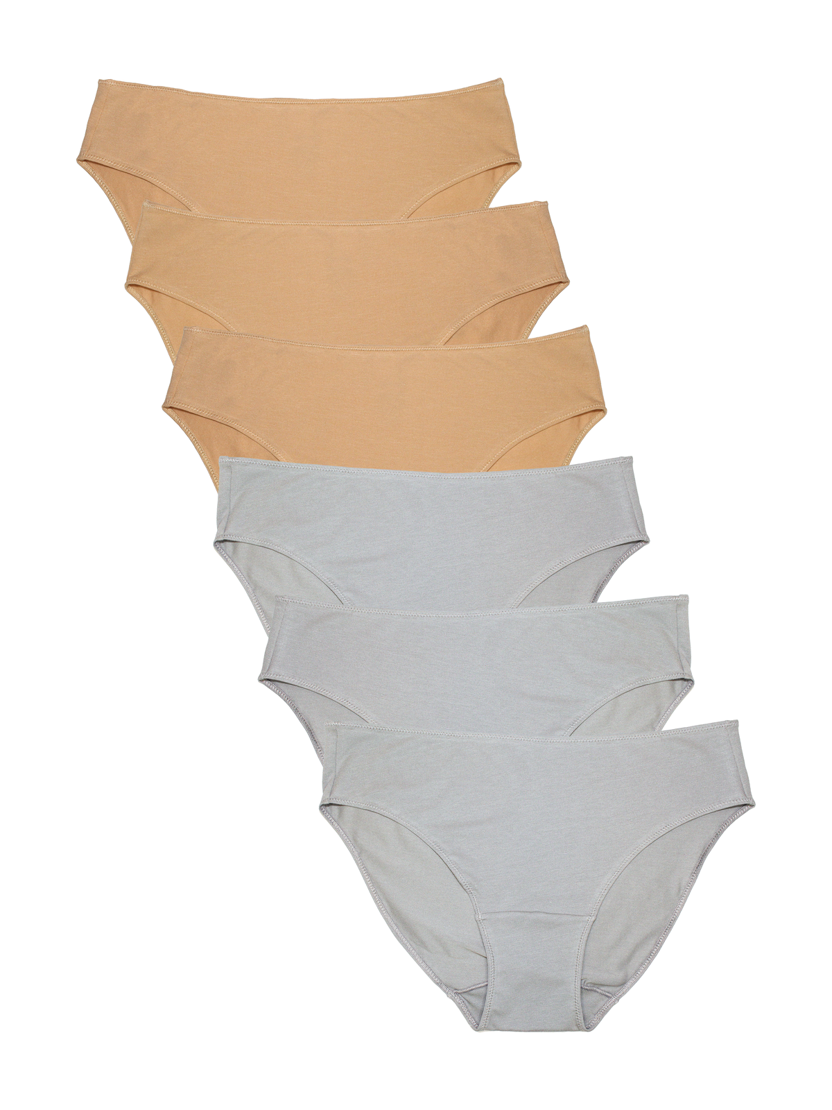 A set of six women's underwear briefs in a staggered fan layout, featuring neutral shades of tan and light gray on a solid white background.