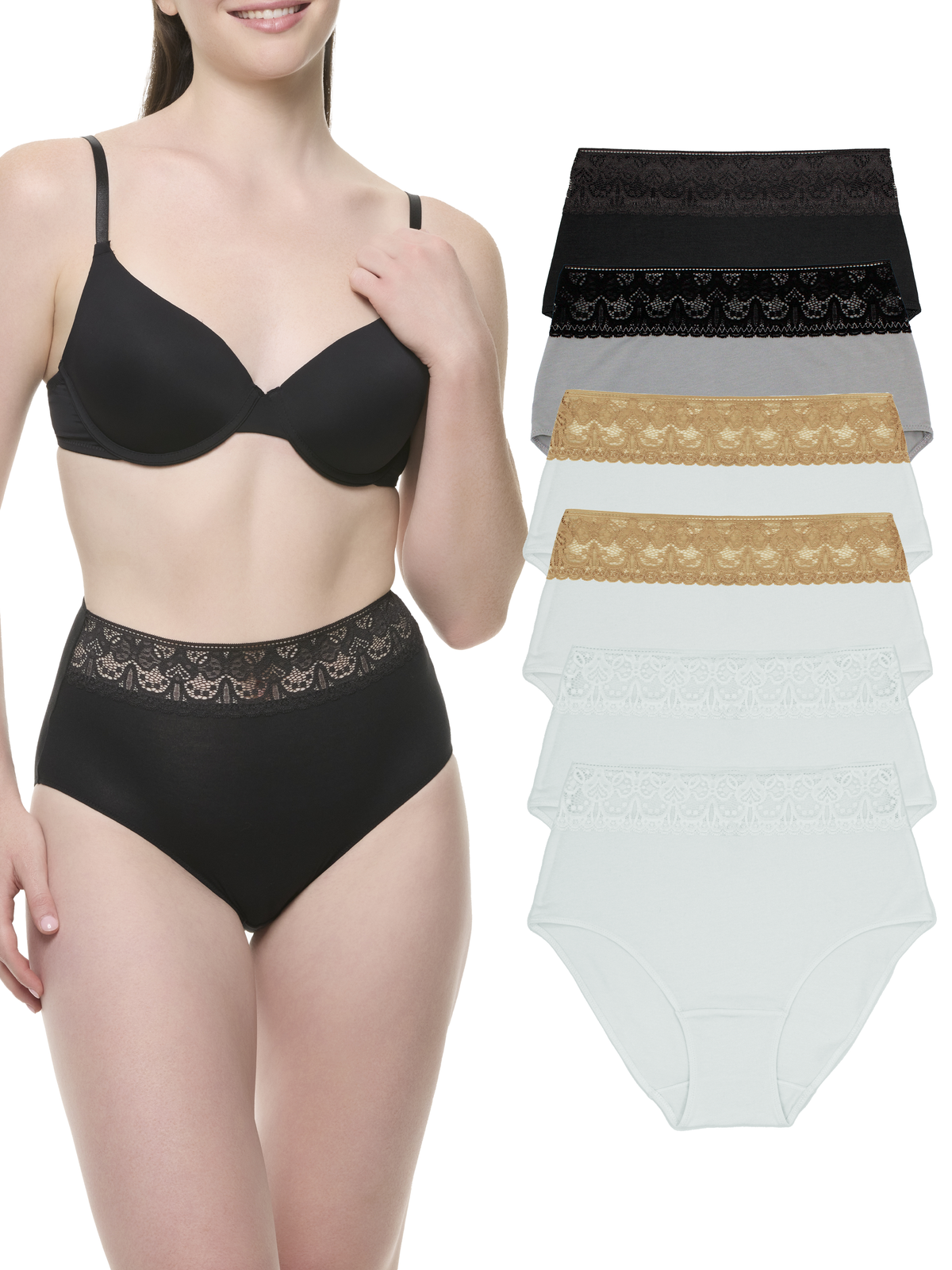 A woman models a black bra and matching briefs with lace trim, alongside a stack of six underwear options.