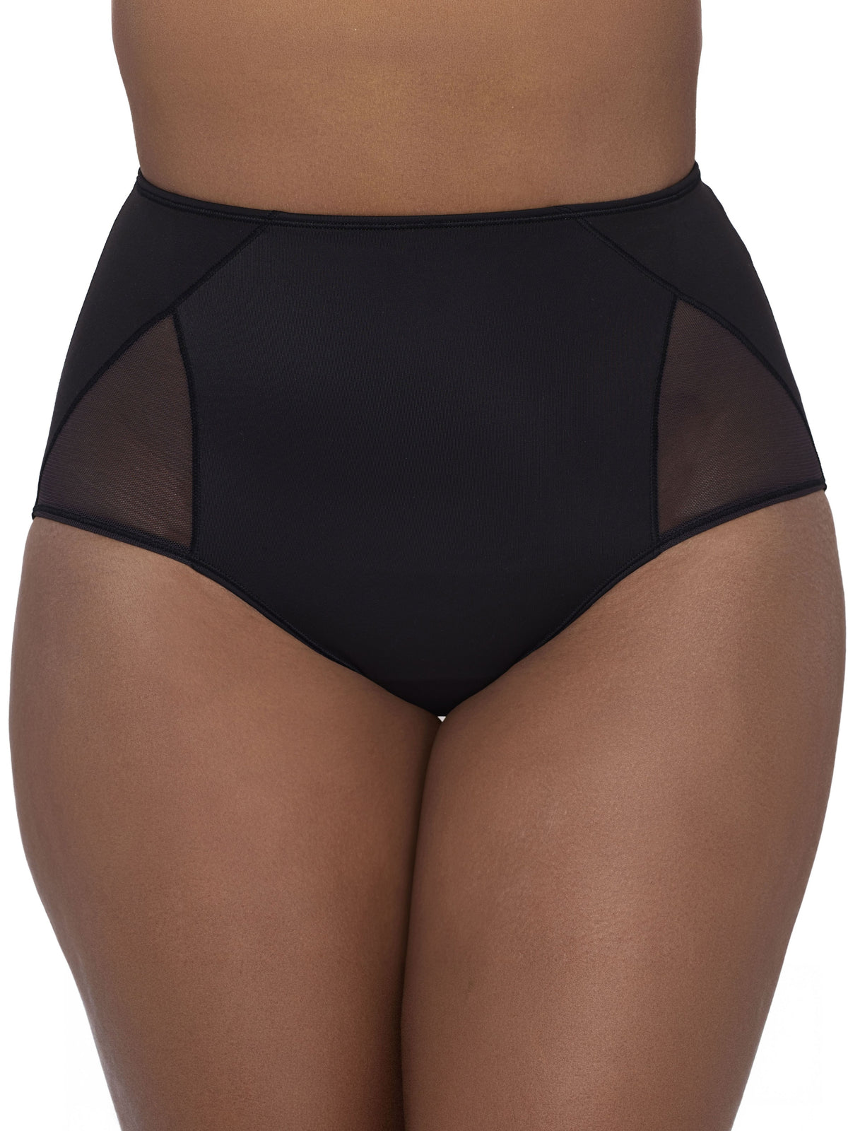 Black high-waisted briefs with sheer mesh side panels, shown on a model against a plain white background.