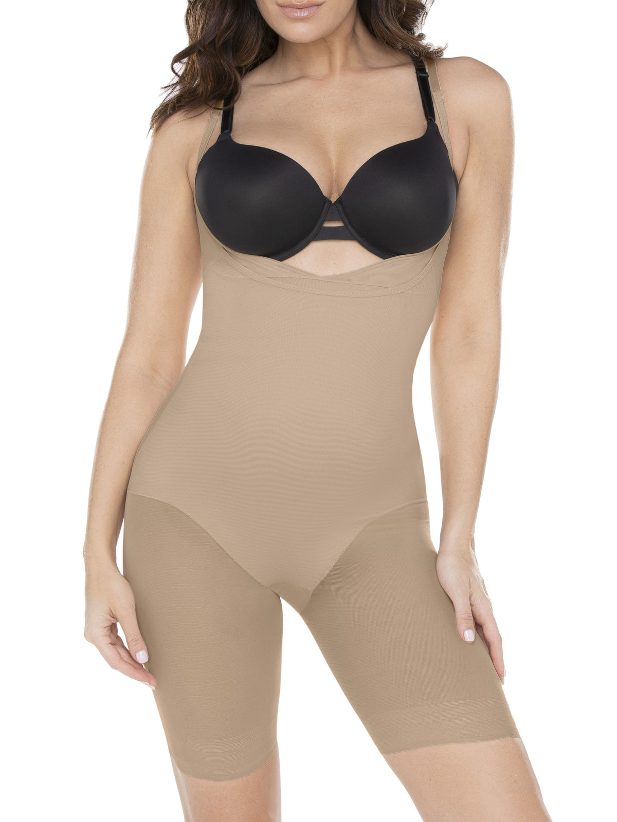 a woman wearing a nude open bust torsette body shaper sheer shapewear