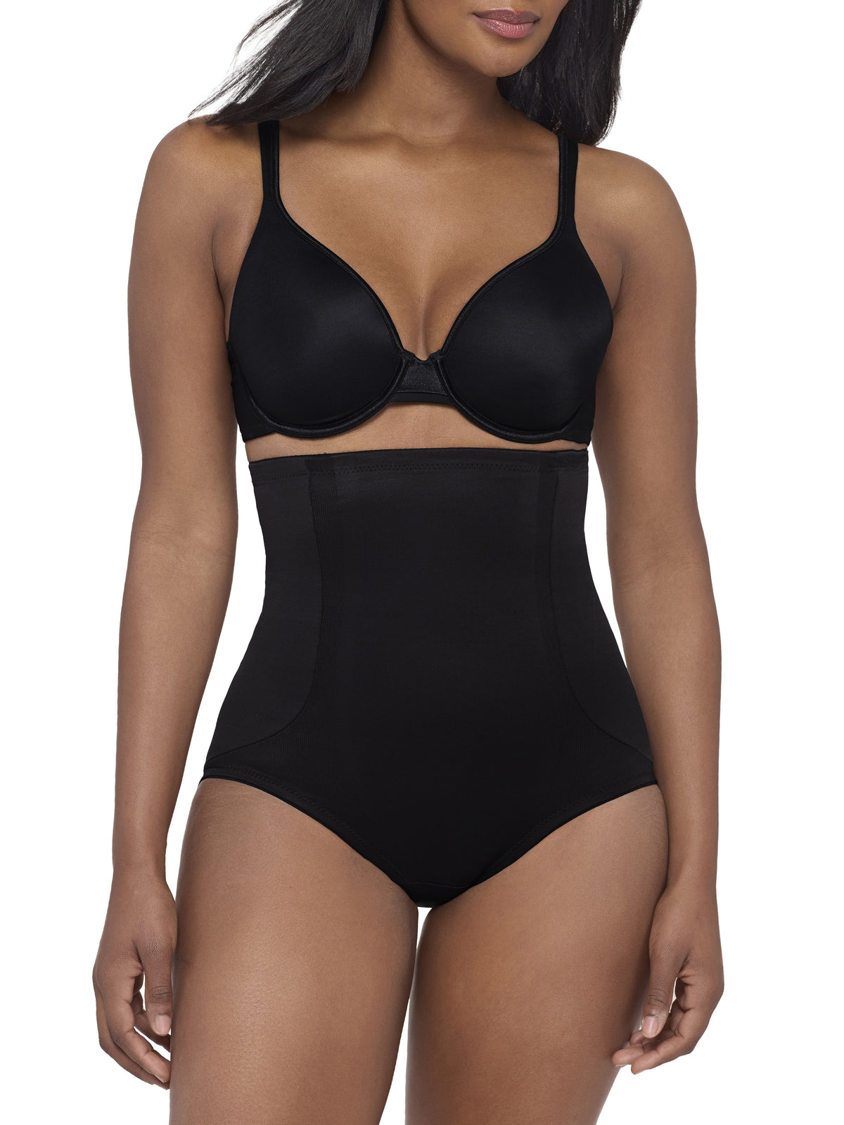 a woman wearing a black high waisted back smoothing tummy control brief miraclesuit