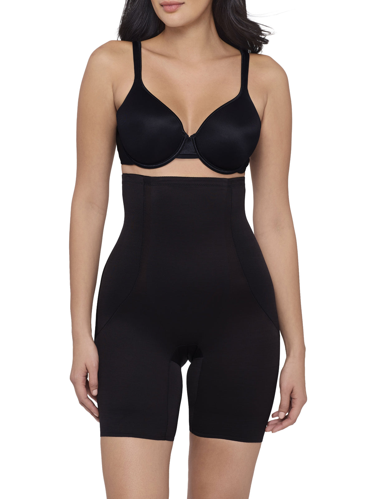 a woman wearing a black high waisted tummy control shaping short back smoothing body shapewear miraclesuit shapewear