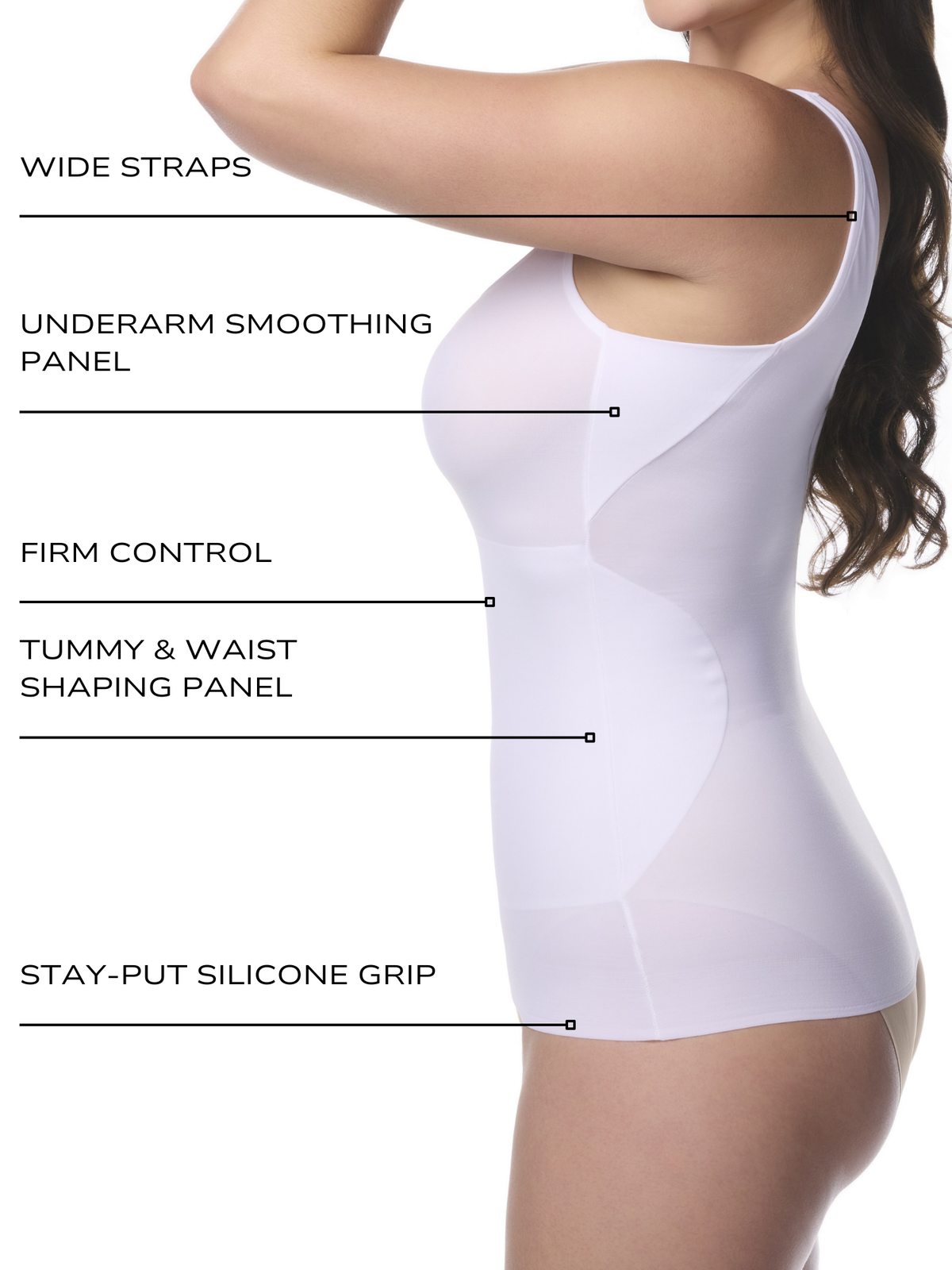 an infographic explaining the features and benefits of the underarm smoothing shaping cami all-groups