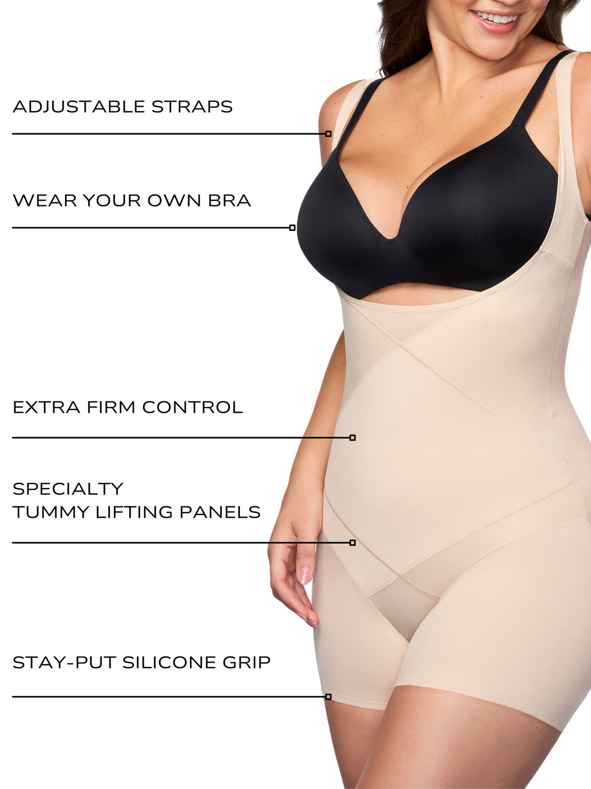 an infographic explaining the features and benefits of the tummy tucker open bust shaping bodysuit body shaper all-groups