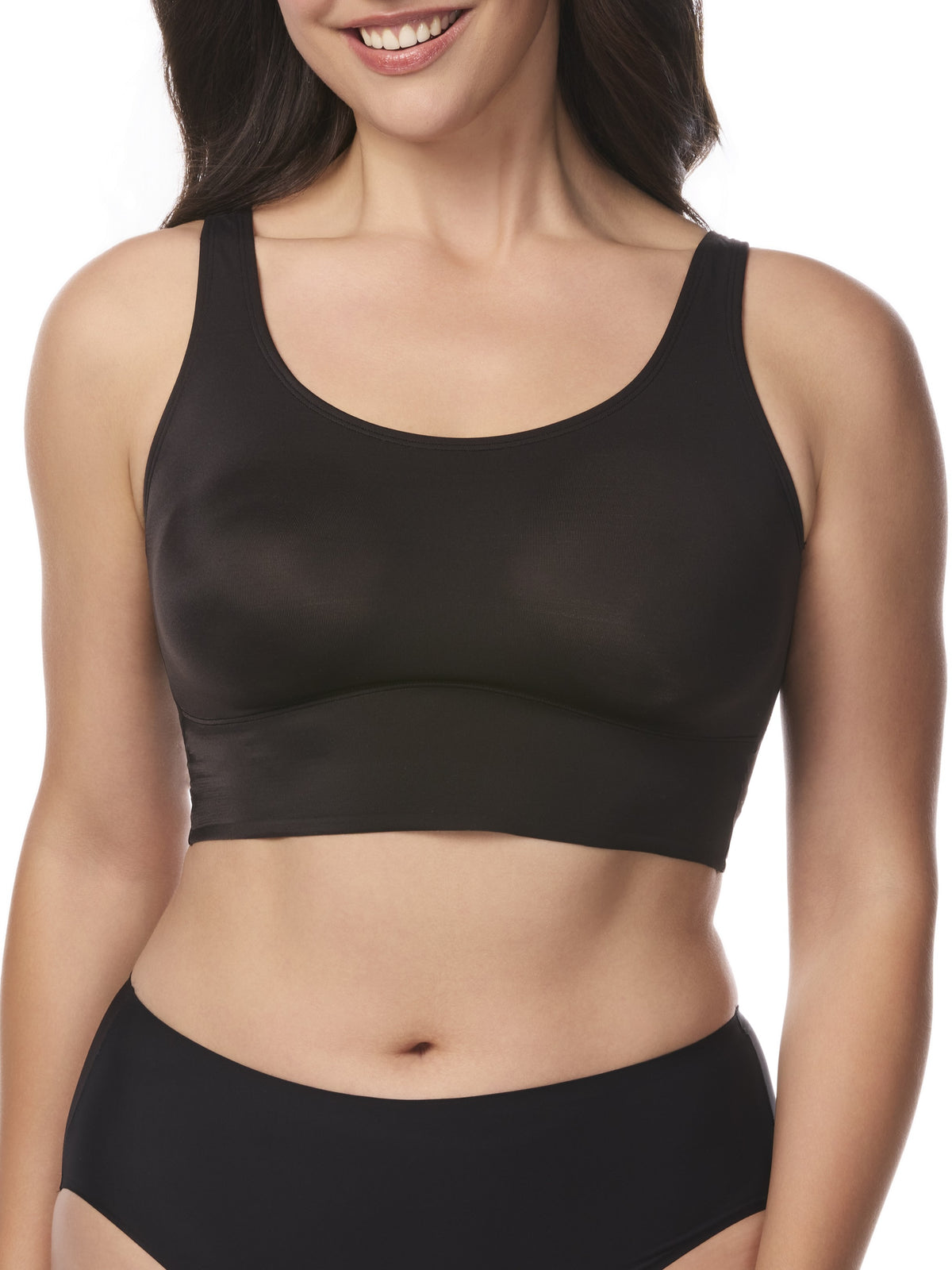 a woman wearing a black underarm smoothing bralette