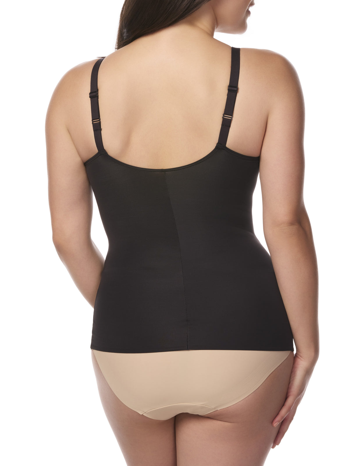 a woman wearing a black underwire bra shaping camisole
