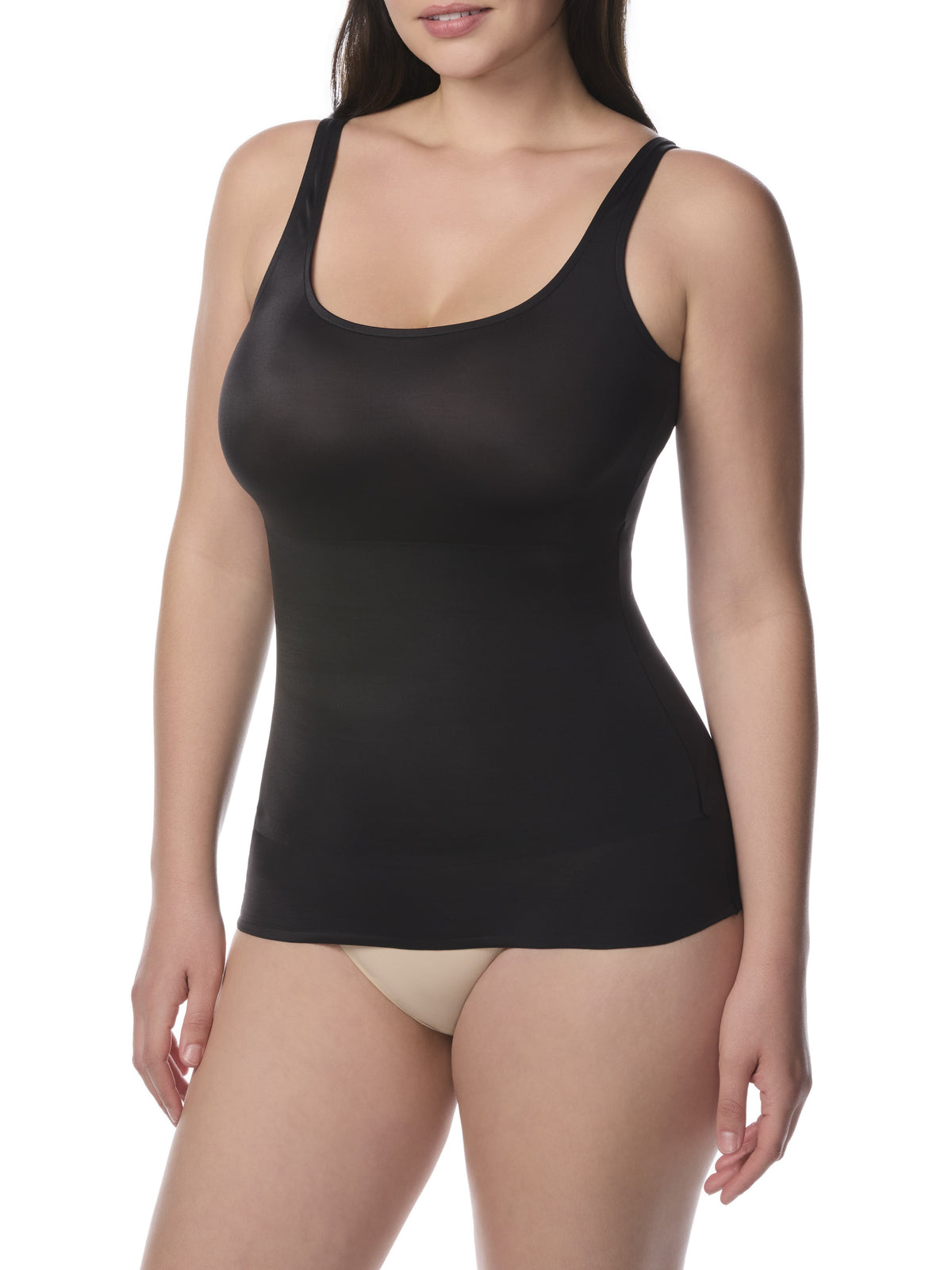 a woman wearing a black shaping camisole tank top shaper