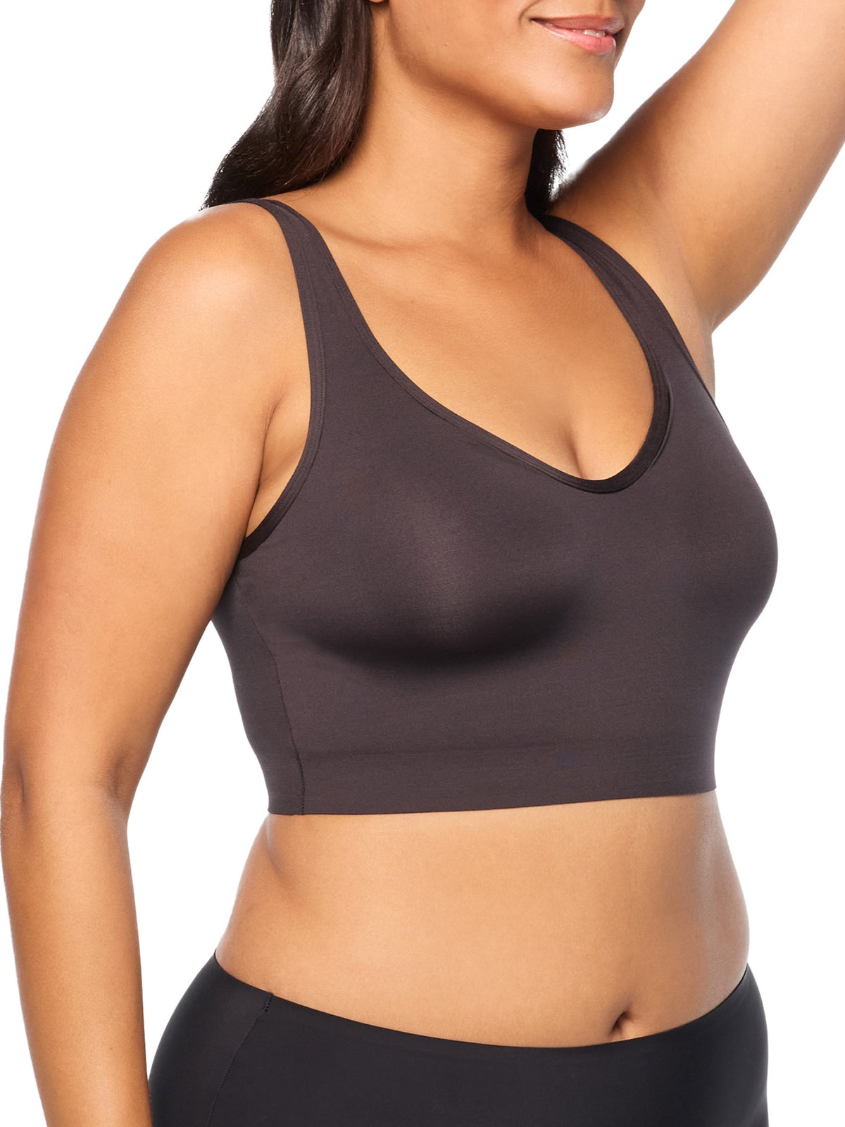 a woman wearing a black wireless bra