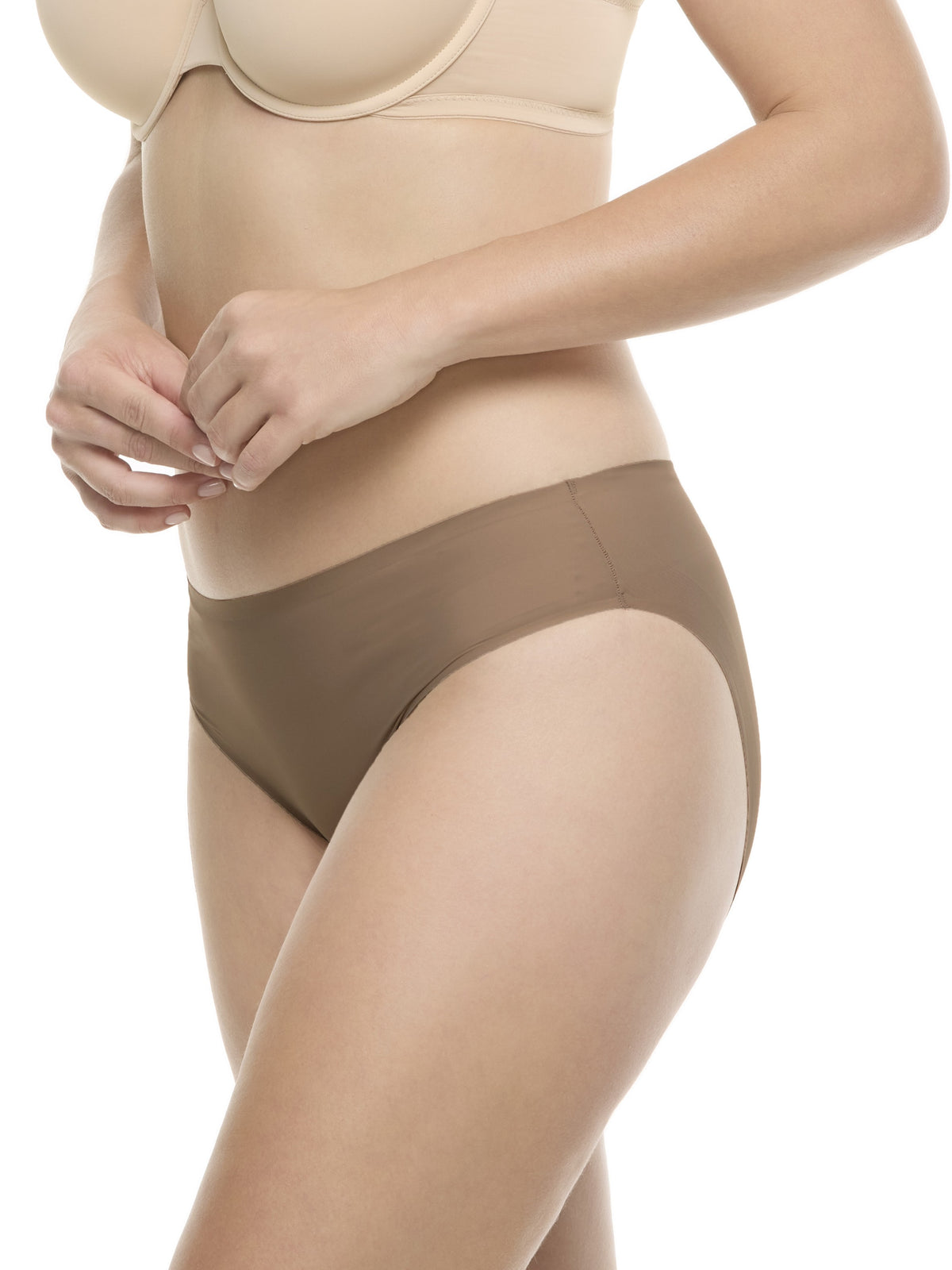 a woman wearing a dark sand color hipster panty underwear