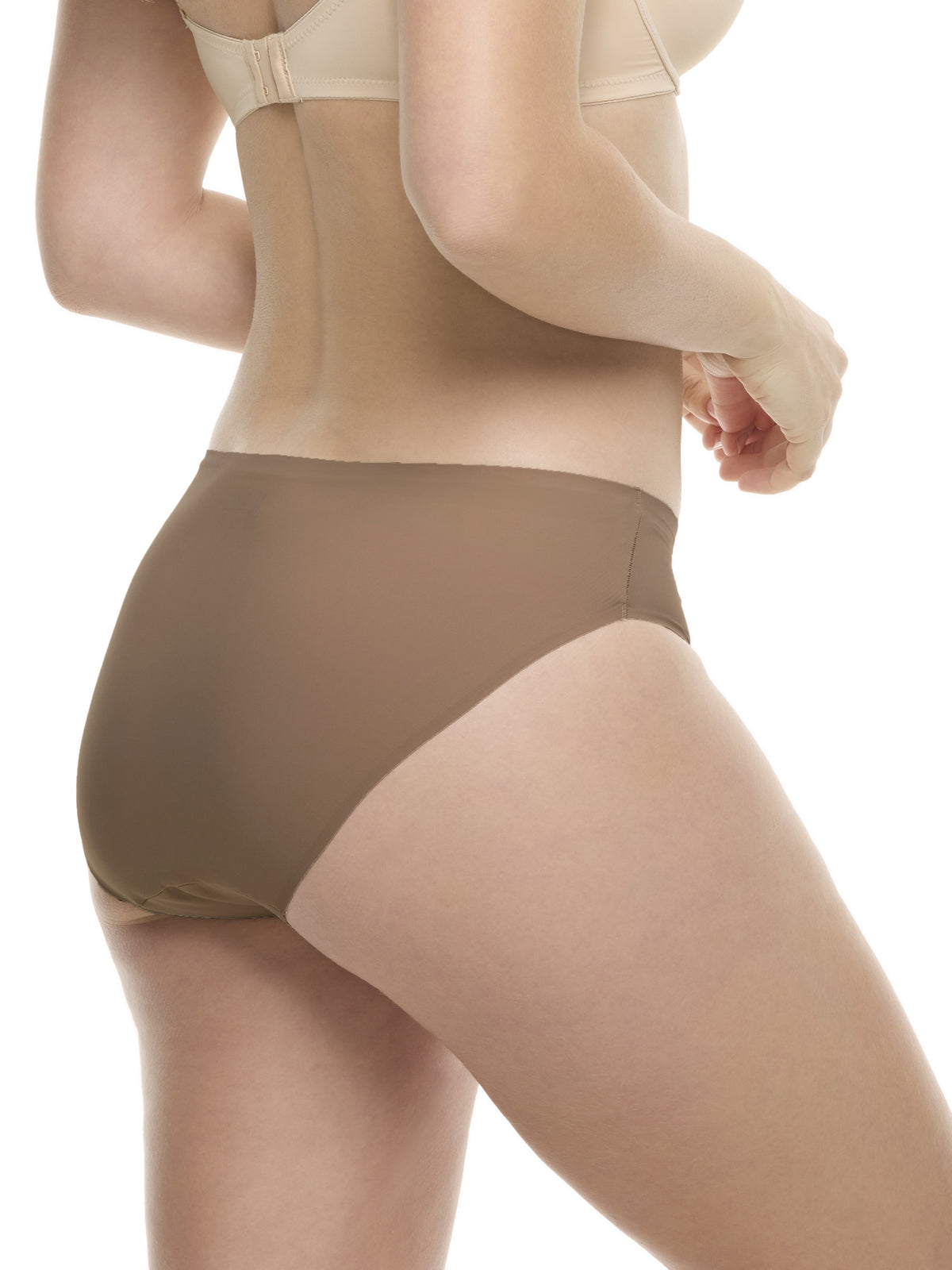 a woman wearing a dark sand color hipster panty underwear