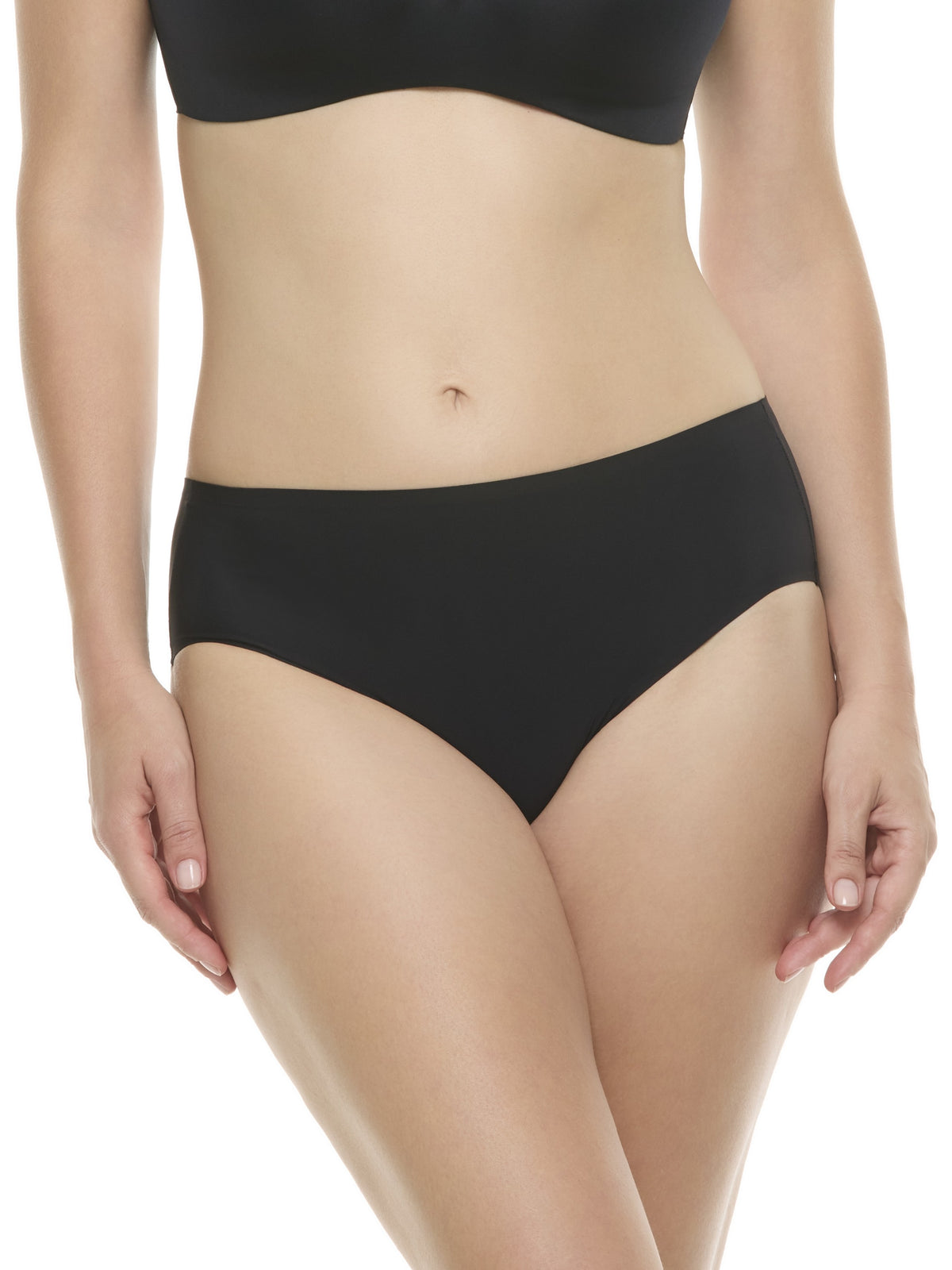 a woman wearing a black high-cut brief panty underwear