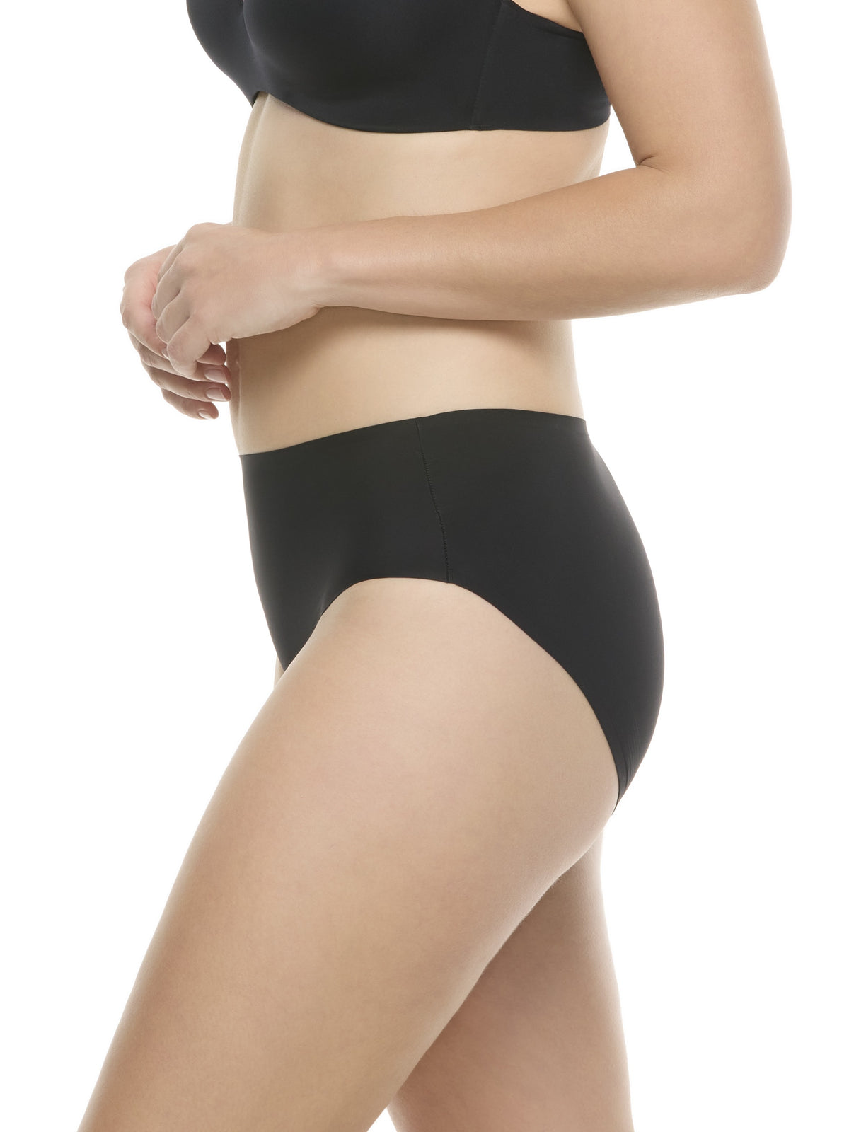 a woman wearing a black high-cut brief panty underwear