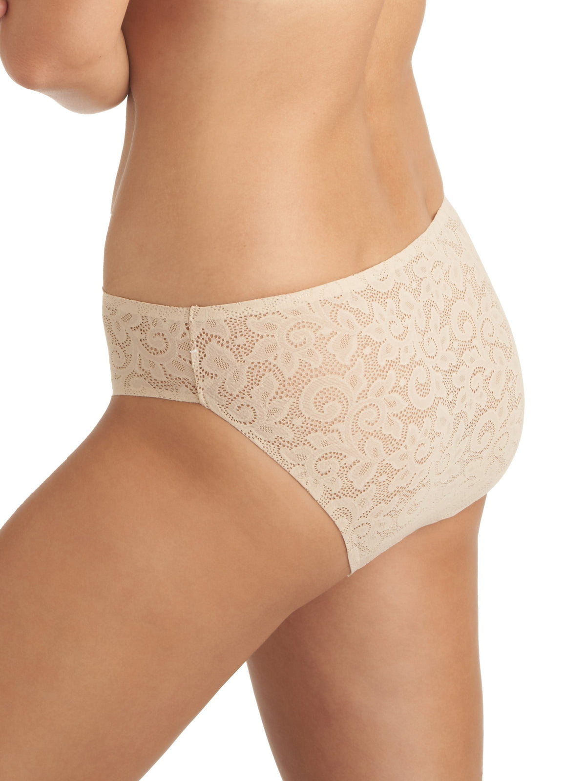 a woman wearing a nude lace hipster panty
