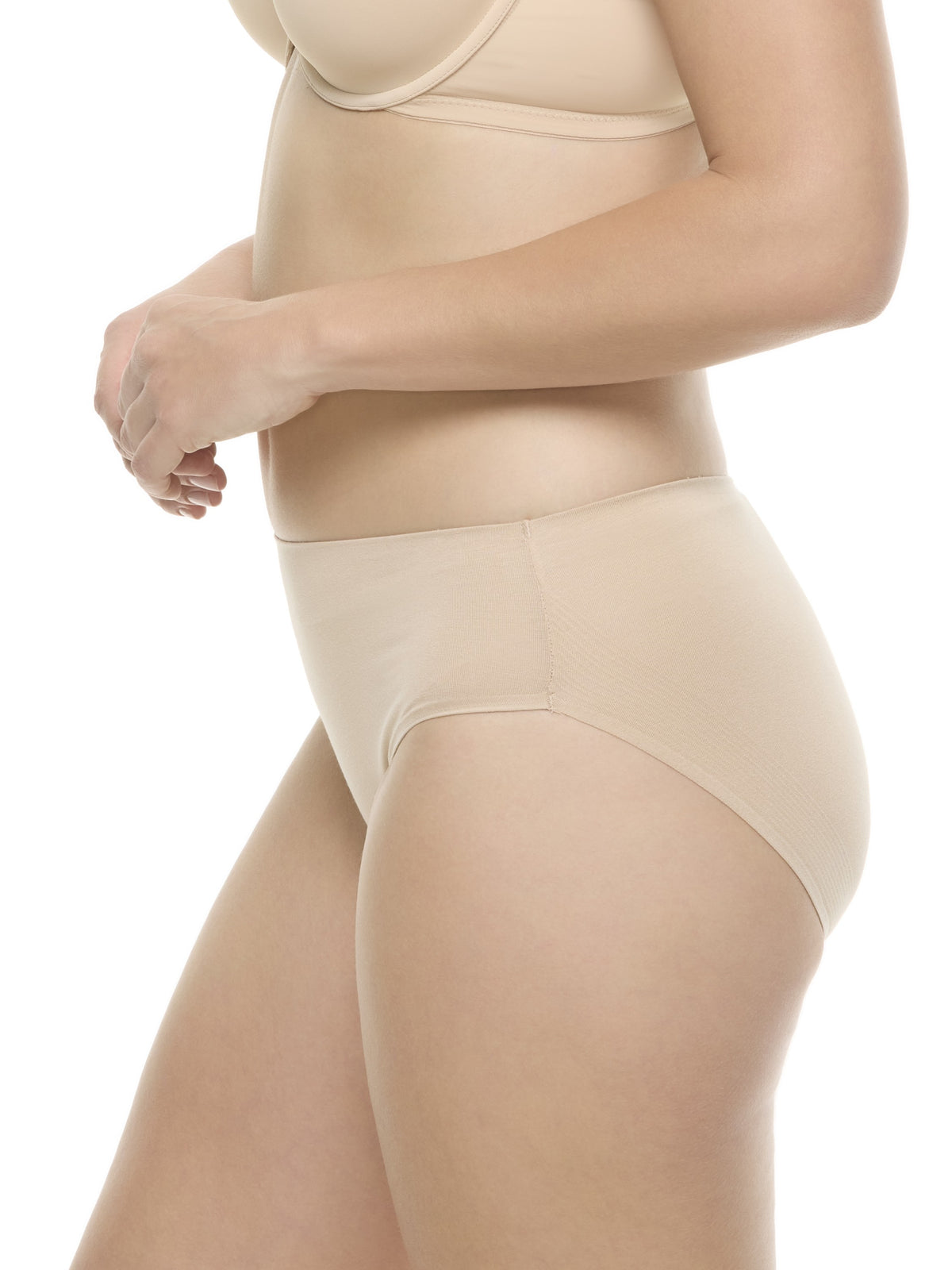 a woman wearing a beige color hipster panty underwear
