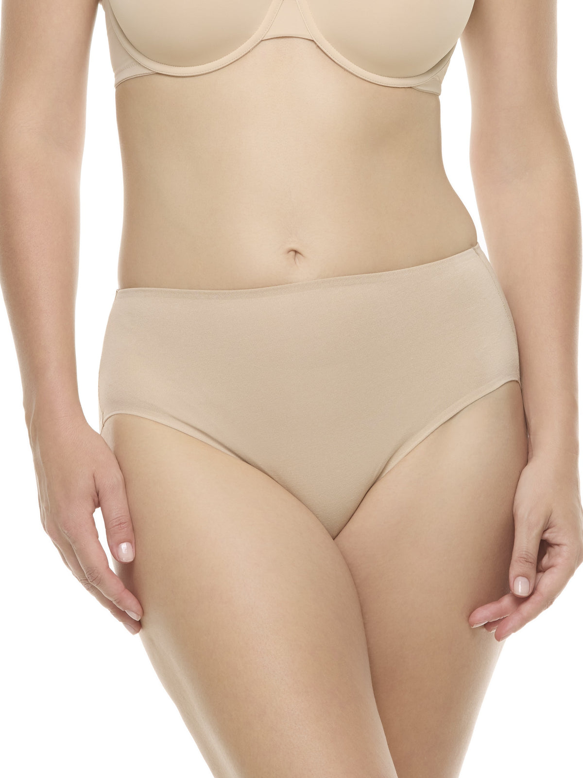 a woman wearing a beige color high-cut brief panty underwear