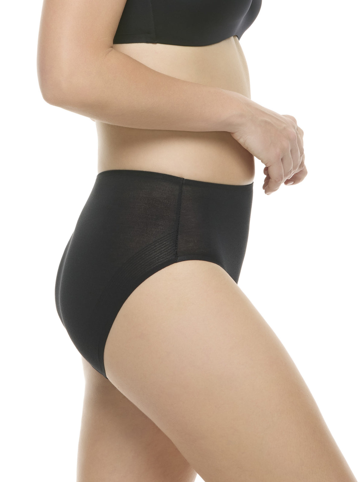 a woman wearing a black color high-cut brief panty underwear