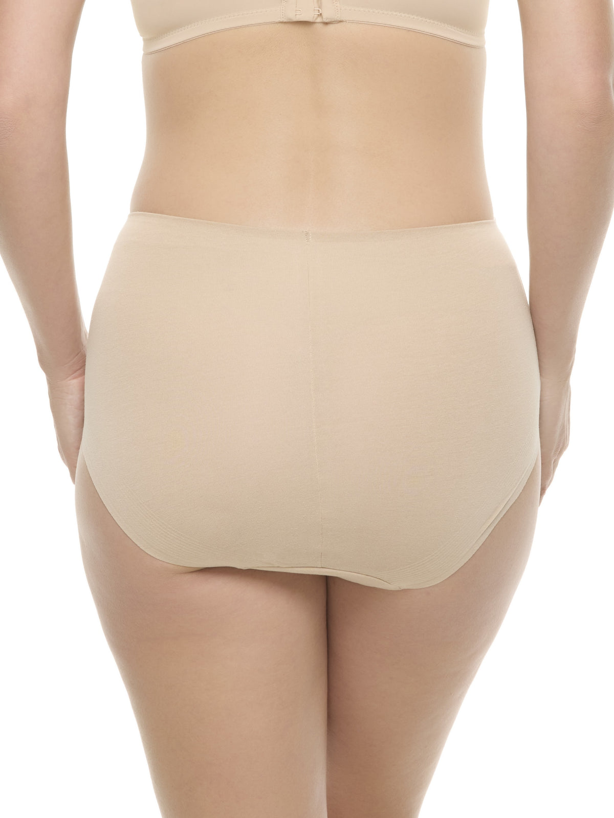 a woman wearing a beige color brief panty underwear
