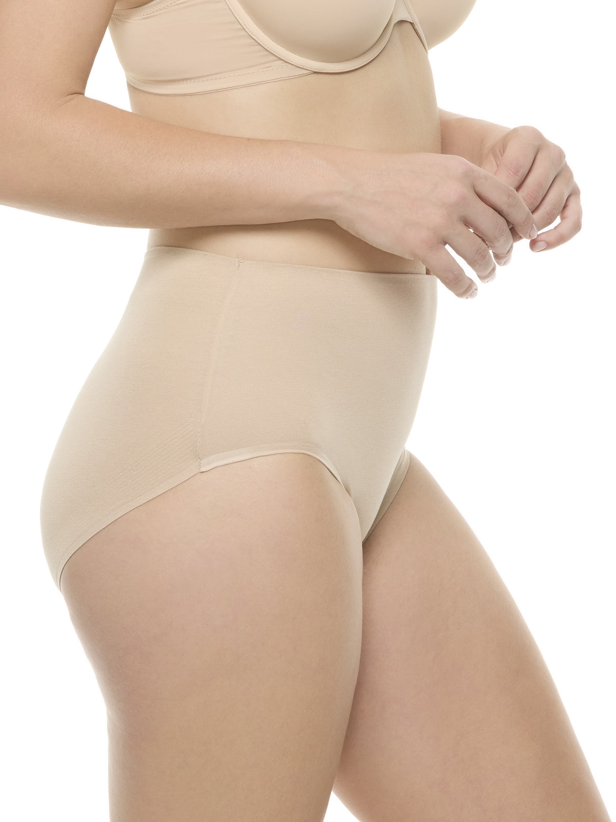 a woman wearing a beige color brief panty underwear