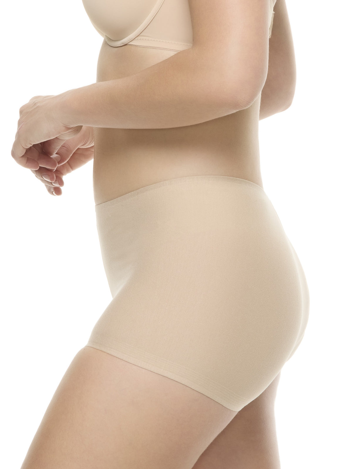 a woman wearing a beige color boyshort panty underwear