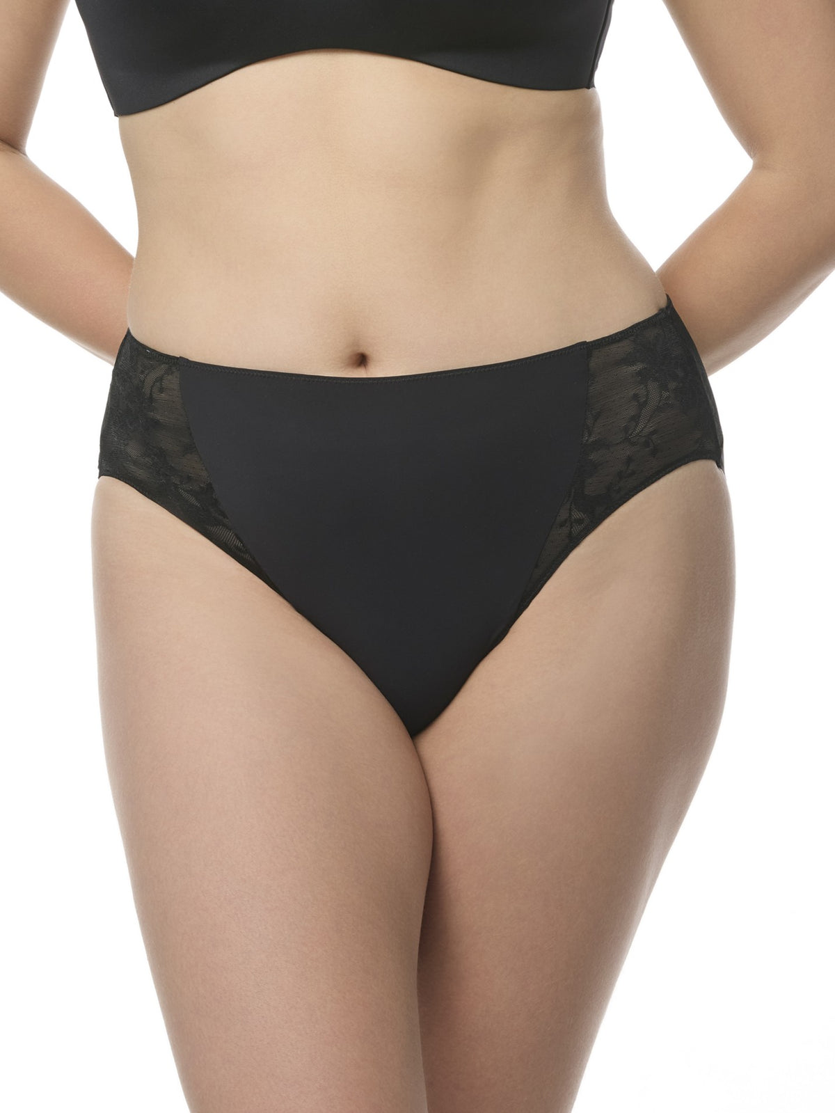 a woman wearing a black lace brief panty