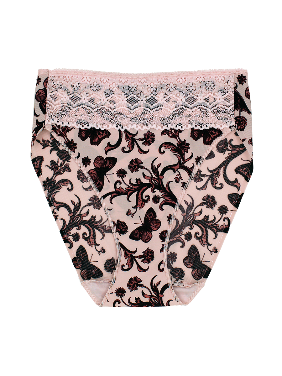 a women's butterfly and floral print high-cut brief panty with light pink lace trim at the waist