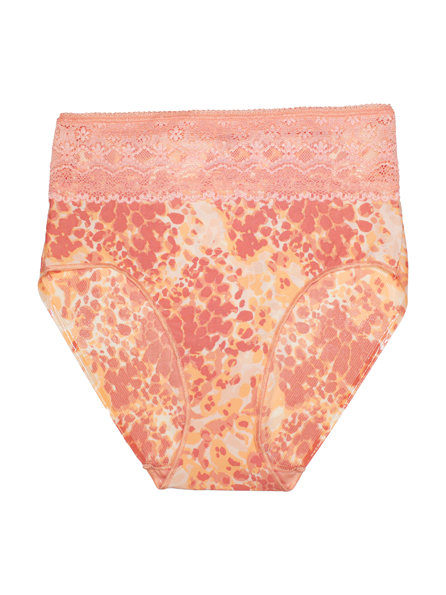Pink and orange patterned underwear on a white background