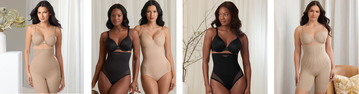 a woman wearing a nude high waisted shaping short, two women standing together wearing shapewear, a woman wearing a black high waisted tummy control thong, and a woman wearing a nude high waisted thigh slimmer