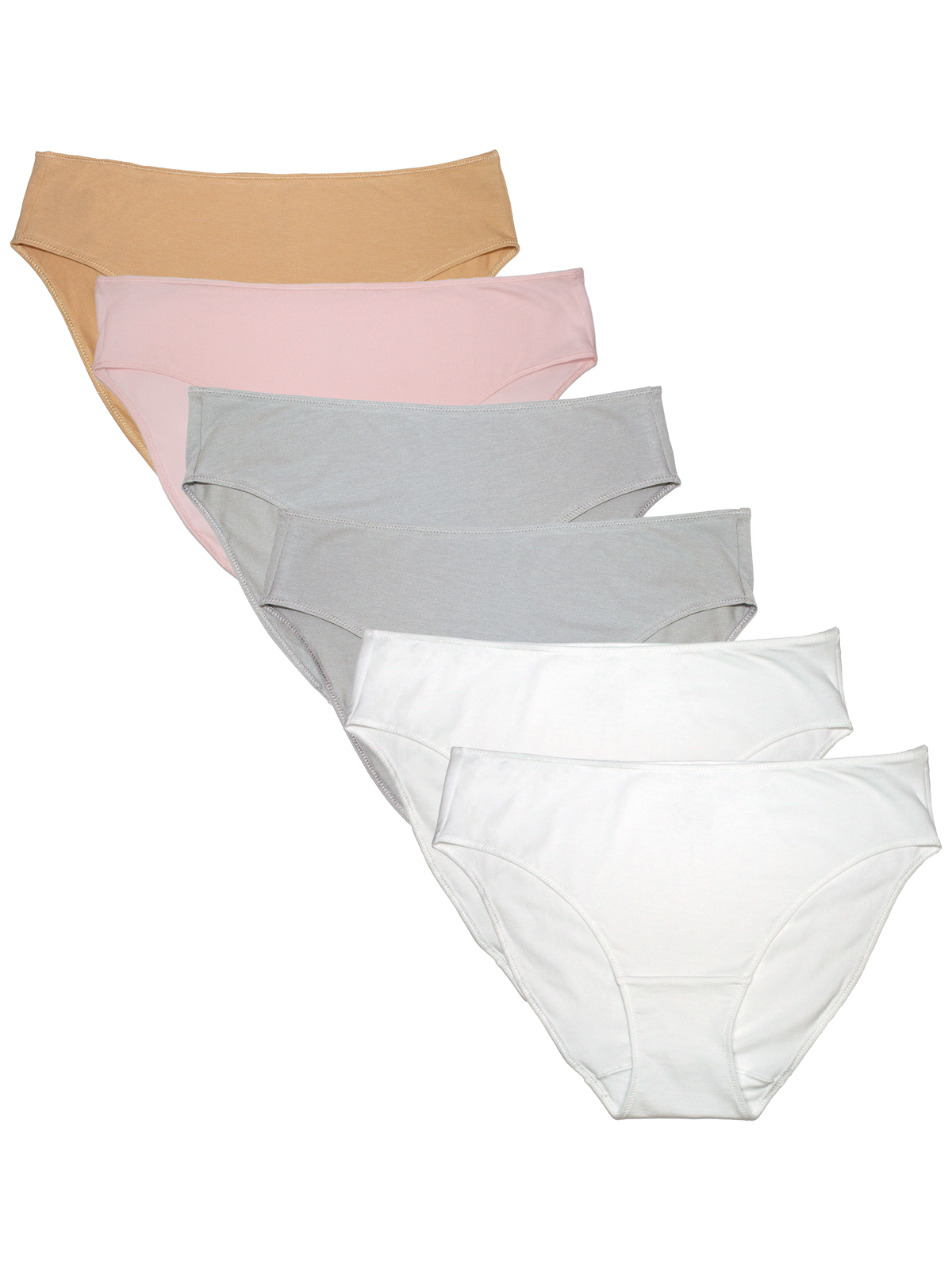 A set of six women's  underwear briefs in a staggered fan layout, featuring neutral and pastel shades of tan, light pink, light gray, and white on a solid white background.
