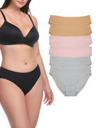 A woman wearing a black bra and matching black underwear stands beside a stack of six high-waisted briefs