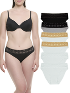 A woman models a black bra and matching black lace-trim panties on the left, while six additional underwear options are shown stacked vertically on the right.