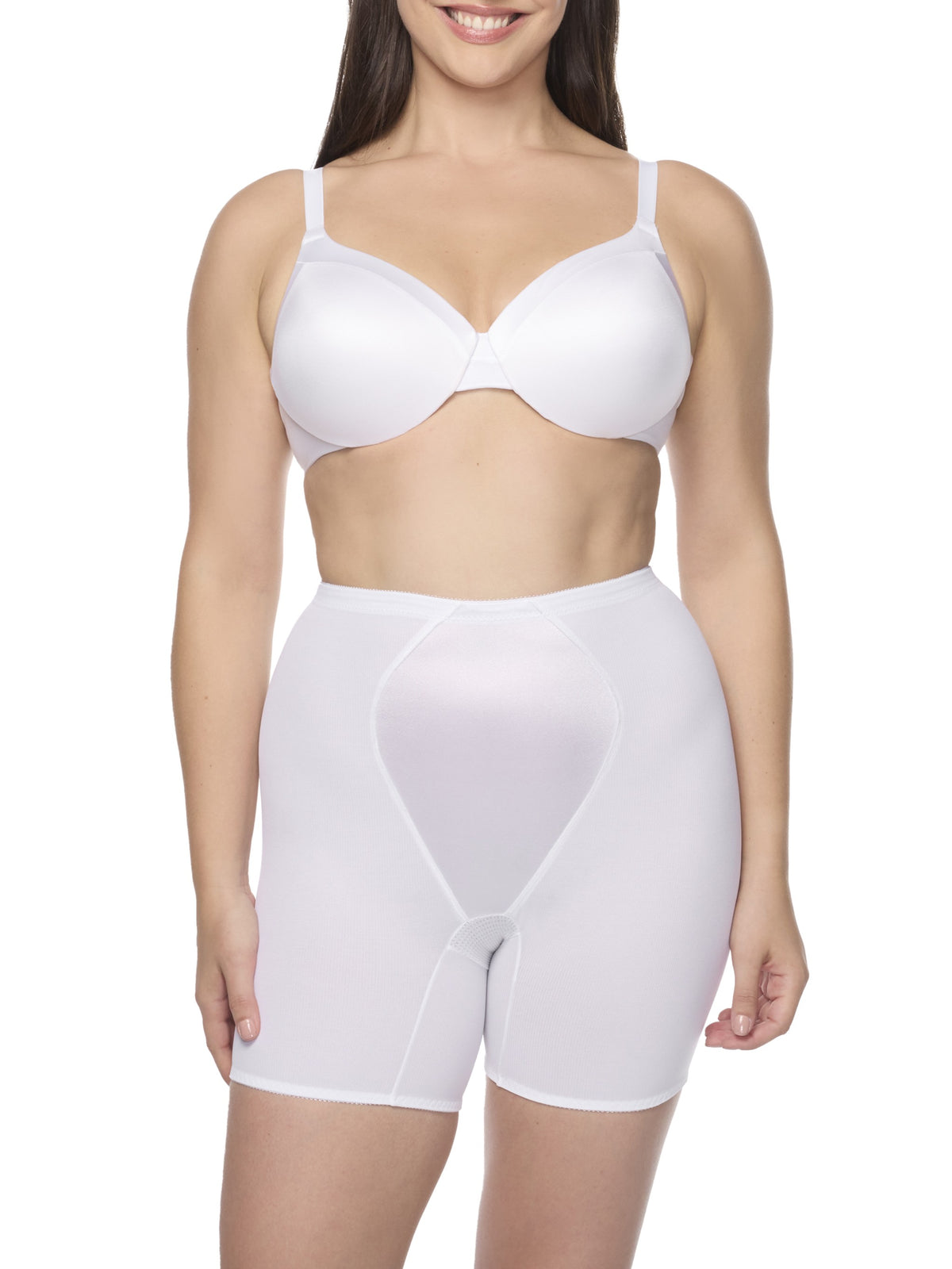 a woman wearing a white tummy control body shaper short shapewear