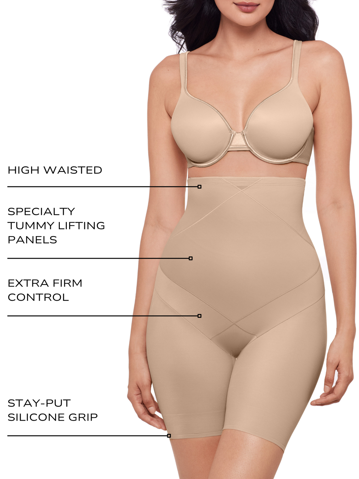 an infographic explaining the features and benefits of the miraclesuit shapewear tummy tucker body shaper shapewear short all-groups