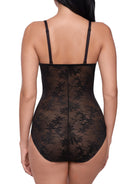 Black lace bodysuit worn by a model on a white background