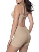 Beige shapewear short on a model against a white background