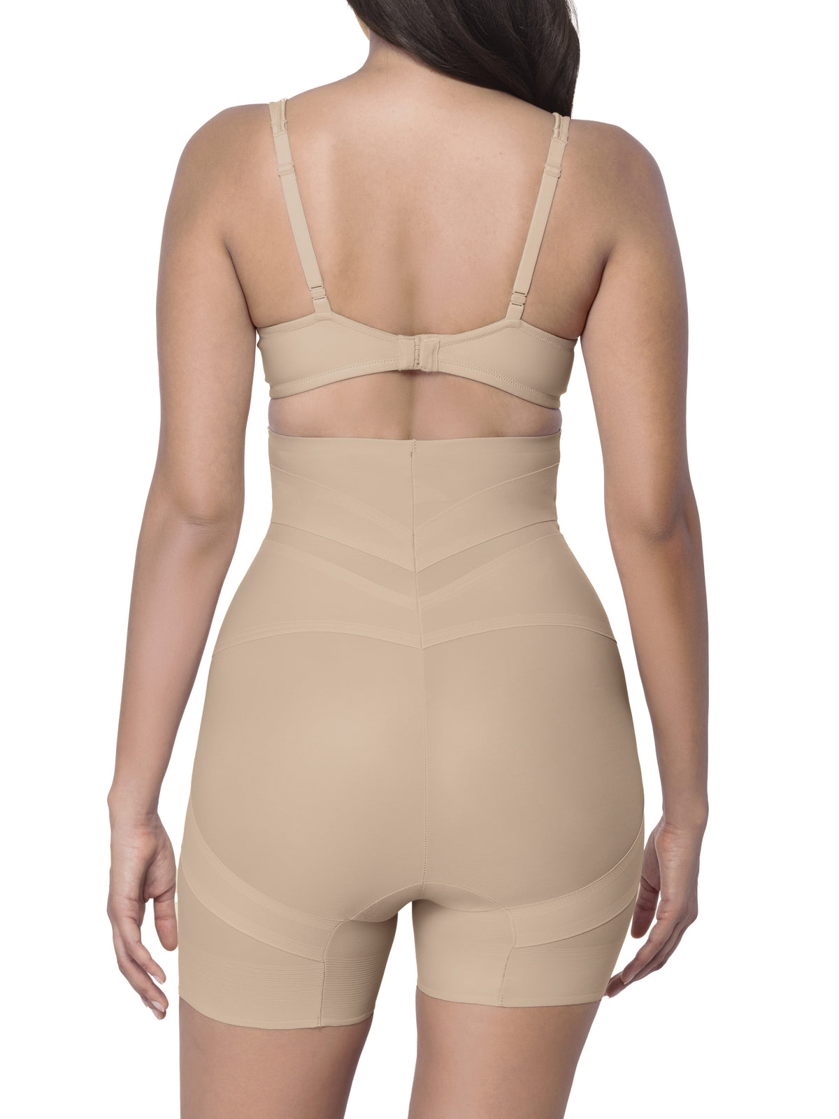 Beige shapewear shorts worn by a model on a white background
