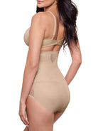 a woman wearing beige high waisted sheer shapewear tummy control brief