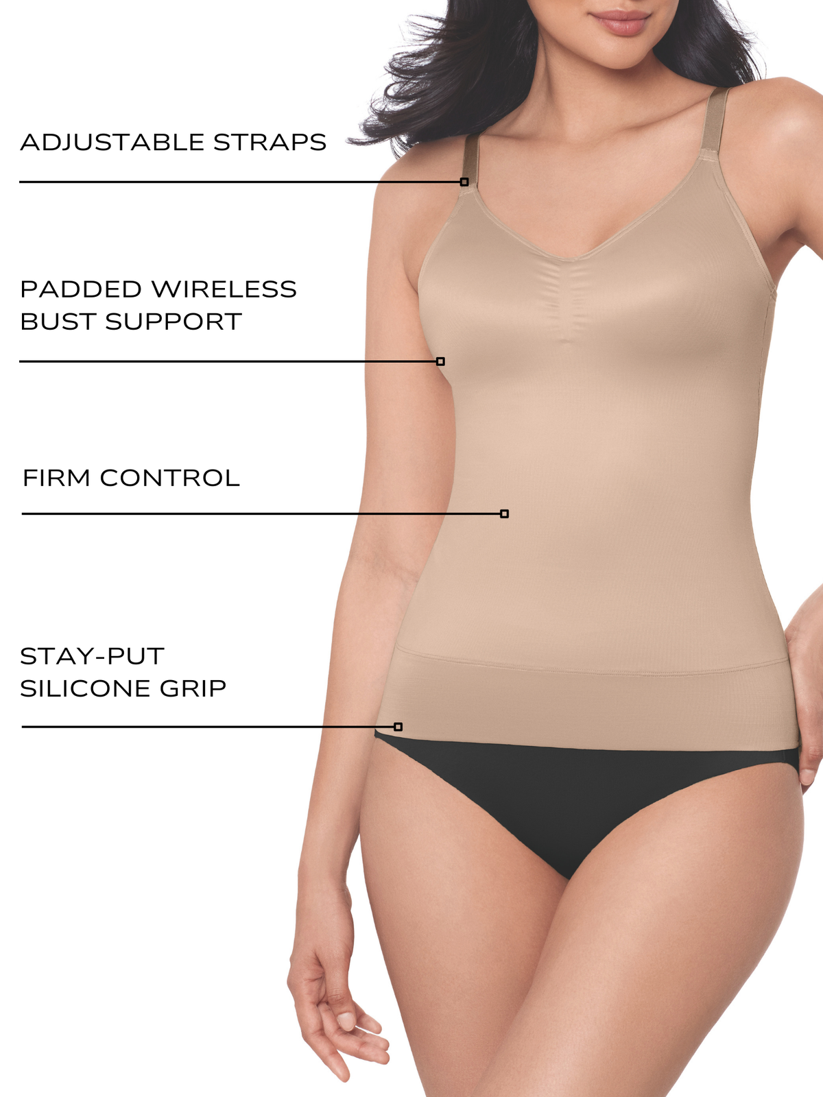 an infographic explaining the features and benefits of the miraclesuit shapewear tummy control camisole shaping tank all-groups