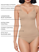 an infographic explaining the features and benefits of the sexy sheer shapewear tummy control bra camisole tank top body shaper miraclesuit all-groups