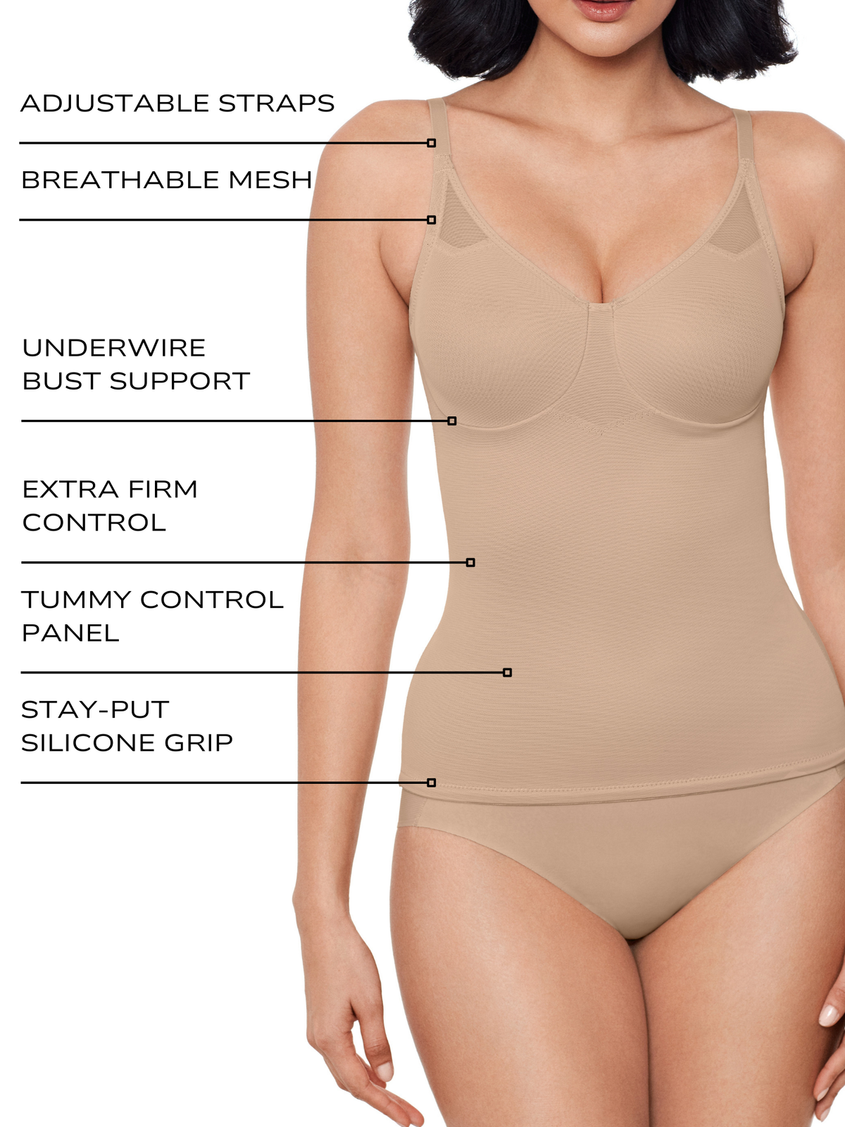an infographic explaining the features and benefits of the sexy sheer shapewear tummy control bra camisole tank top body shaper miraclesuit all-groups