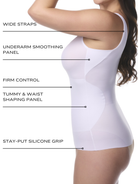an infographic explaining the features and benefits of the underarm smoothing shaping cami all-groups