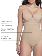 an infographic explaining the features and benefits of the miraclesuit high waisted sheer shapewear tummy control underwear all-groups