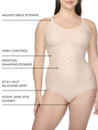 an infographic explaining the features and benefits of the cupid shapewear bodysuit all-groups