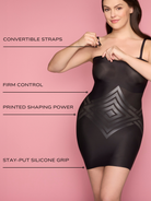 a woman wearing a black tummy control strapless slip body shaper shapewear and attaching her straps all-groups