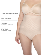 an infographic explaining the features and benefits of the lycra fit sense tummy control panty cupid shapewear all-groups
