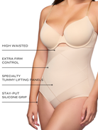 an infographic explaining the features and benefits of the tummy tucker high waisted tummy control brief shaper all-groups