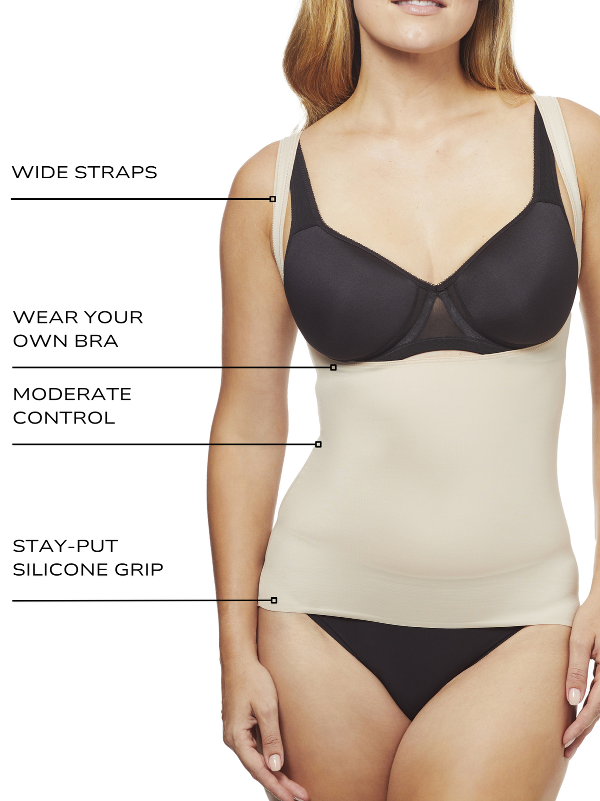 an infographic explaining the features and benefits of the wyob shaping tank cami all-groups