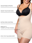 an infographic explaining the features and benefits of the tummy tucker open bust shaping bodysuit body shaper all-groups