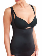 a woman wearing a black open-bust shaping camisole