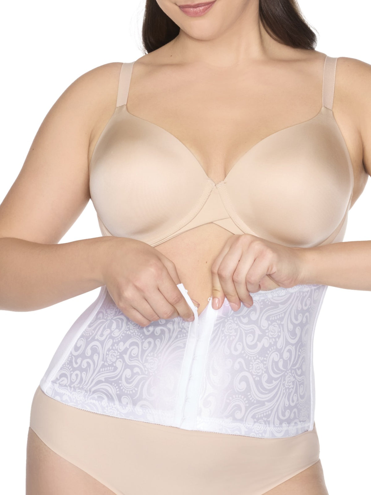 a woman wearing a white waist cincher waist trainer shapewear